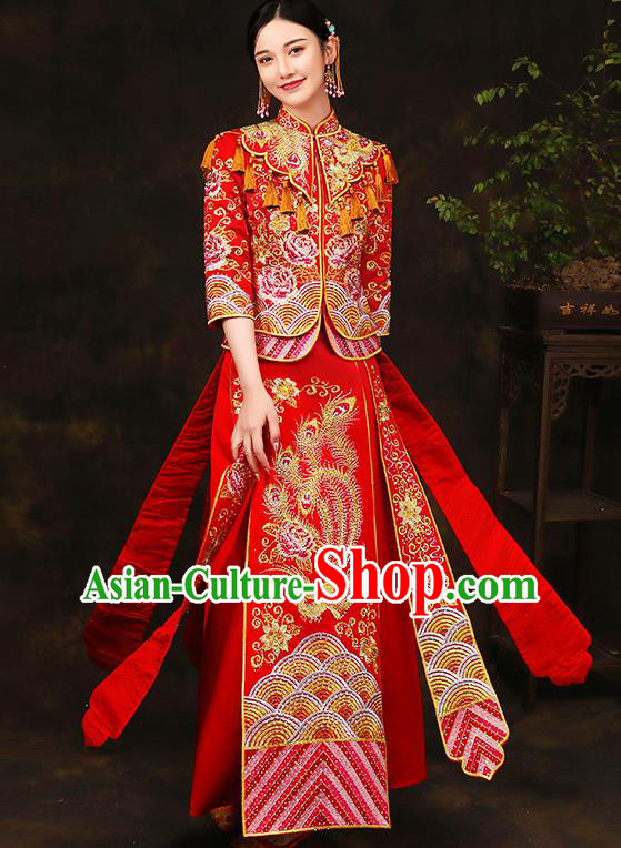 Traditional Chinese Female Wedding Costumes Ancient Embroidered Peony Red Bottom Drawer XiuHe Suit for Bride