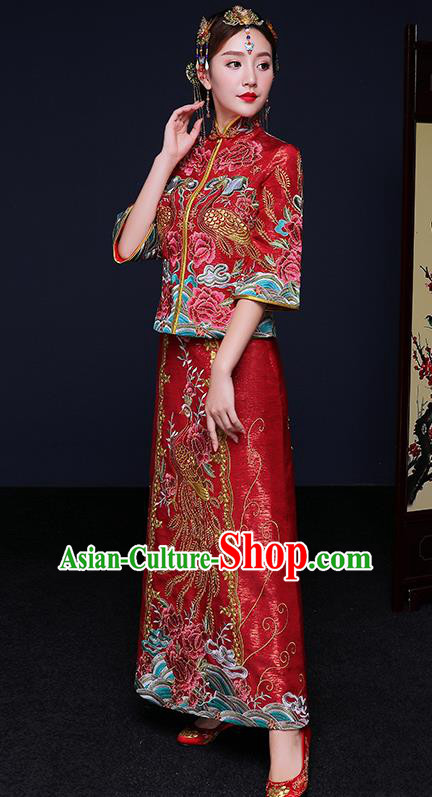 Traditional Chinese Female Wedding Costumes Ancient Red Bottom Drawer Embroidered Phoenix Peony XiuHe Suit for Bride