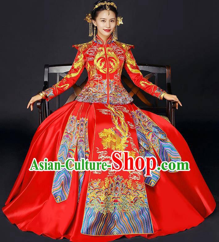 Traditional Chinese Female Wedding Costumes Ancient Red Bottom Drawer Embroidered Phoenix XiuHe Suit for Bride