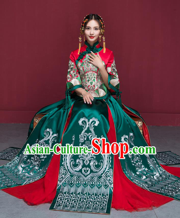 Traditional Chinese Wedding Costumes Green Full Dress Ancient Bottom Drawer Embroidered XiuHe Suit for Bride