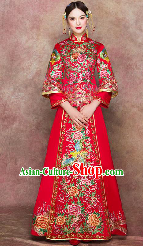 Traditional Chinese Wedding Costumes Embroidered Peony Full Dress Ancient Bottom Drawer XiuHe Suit for Bride