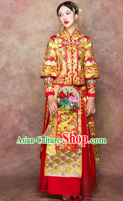 Traditional Chinese Wedding Costumes Embroidered Dragon Full Dress Ancient Bottom Drawer XiuHe Suit for Bride