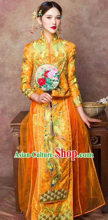 Traditional Chinese Wedding Costumes Embroidered Phoenix Full Dress Yellow XiuHe Suit Ancient Bottom Drawer for Bride