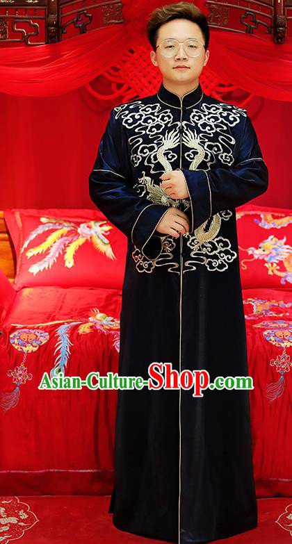 Traditional Ancient Chinese Wedding Navy Costumes Bridegroom Embroidered Tang Suit for Men