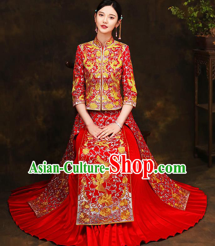 Traditional Chinese Style Female Wedding Costumes Ancient Embroidered Dragon Phoenix Bottom Drawer Red XiuHe Suit for Bride