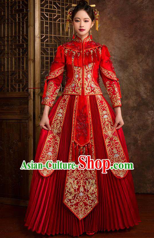 Traditional Chinese Embroidered Red XiuHe Suit Wedding Costumes Full Dress Ancient Bottom Drawer for Bride