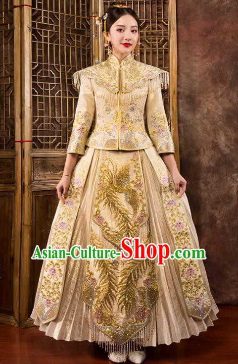 Traditional Chinese Embroidered Diamante Golden XiuHe Suit Wedding Costumes Full Dress Ancient Bottom Drawer for Bride