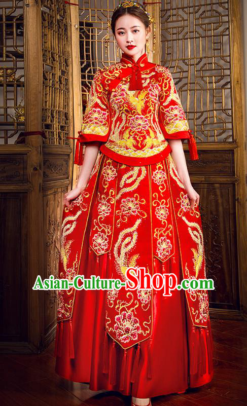 Traditional Chinese Embroidered Red XiuHe Suit Wedding Costumes Full Dress Ancient Bottom Drawer for Bride