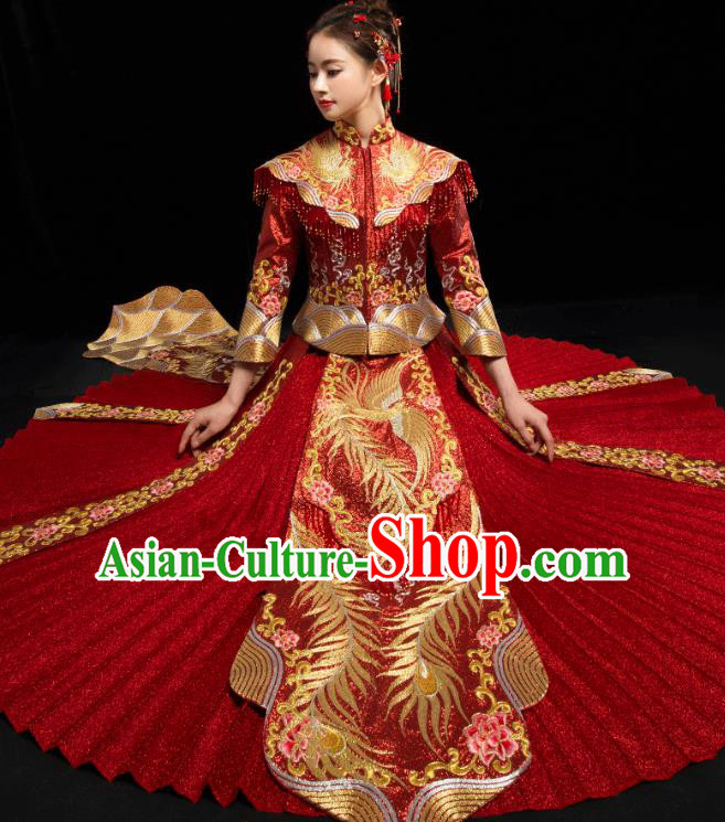Traditional Chinese Embroidered Diamante Trailing XiuHe Suit Wedding Costumes Full Dress Ancient Bottom Drawer for Bride