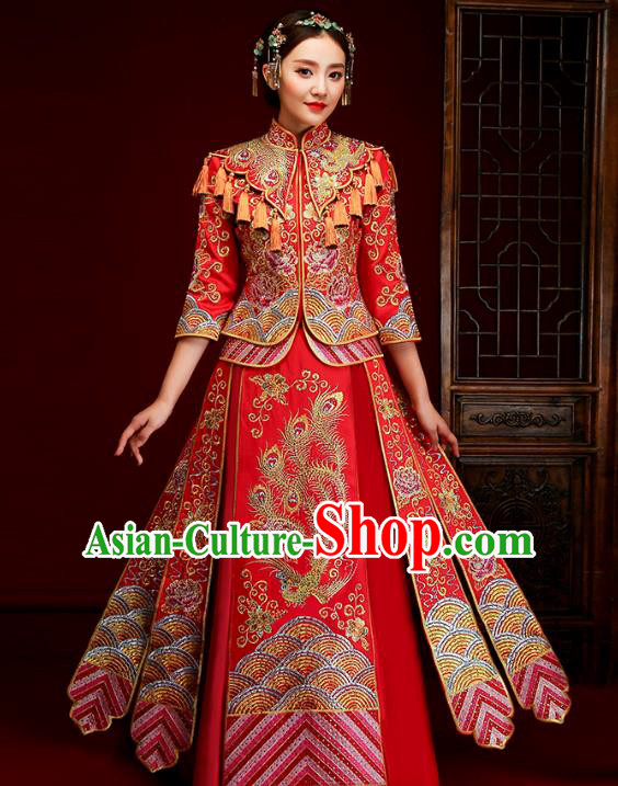 Traditional Chinese Embroidered Slim XiuHe Suit Wedding Costumes Full Dress Ancient Bottom Drawer for Bride