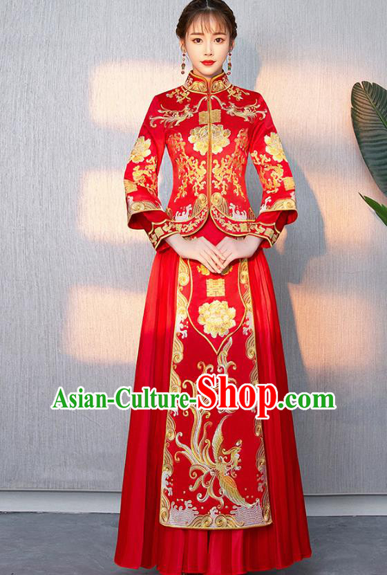 Traditional Chinese Ancient Bottom Drawer Wedding Costumes Embroidered Phoenix Peony Red XiuHe Suit for Women