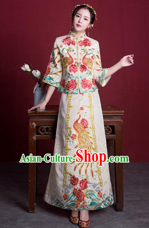 Chinese Ancient Embroidered Wedding Costumes Bride Formal Dresses White XiuHe Suit for Women