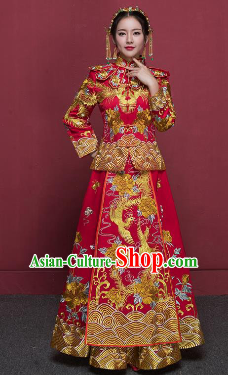 Chinese Ancient Wedding Costumes Bride Trailing Formal Dresses Embroidered Phoenix Red XiuHe Suit for Women
