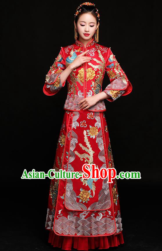 Traditional Chinese Embroidered Phoenix Slim Red XiuHe Suit Wedding Costumes Full Dress Ancient Bottom Drawer for Bride