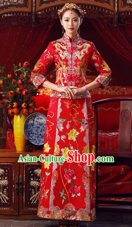 Chinese Ancient Bottom Drawer Traditional Wedding Costumes Embroidered Peony Slim XiuHe Suit for Women