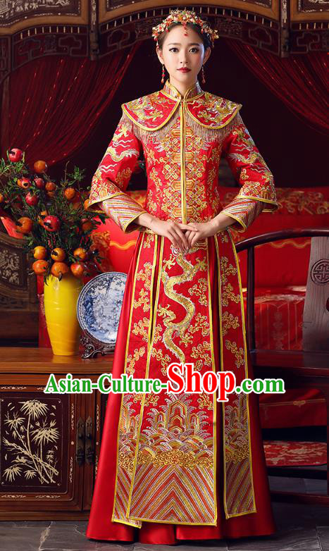 Chinese Ancient Bottom Drawer Traditional Wedding Costumes Embroidered Dragons Slim XiuHe Suit for Women