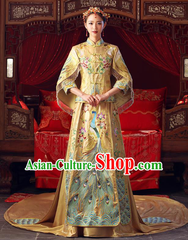 Chinese Ancient Bottom Drawer Traditional Wedding Costumes Embroidered Trailing Golden XiuHe Suit for Women