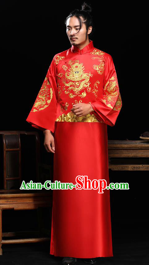 Ancient Chinese Wedding Red Toast Costumes Traditional Bridegroom Embroidered Tang Suit Long Robe for Men