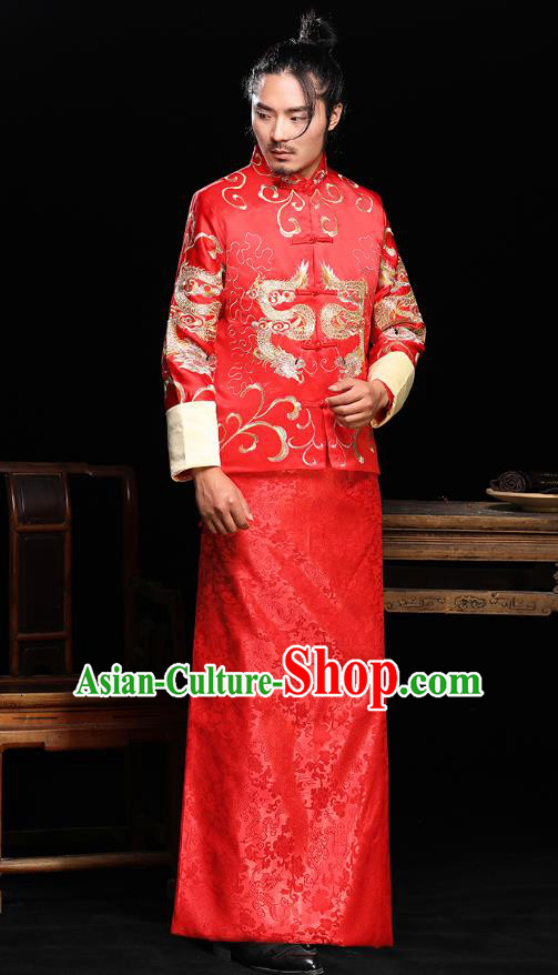 Ancient Chinese Wedding Red Toast Costumes Traditional Bridegroom Tang Suit Long Robe for Men