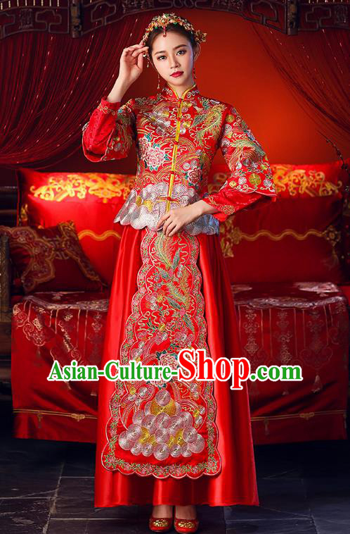Chinese Ancient Traditional Wedding Costumes Bride Formal Dresses Embroidered Toast Cheongsam XiuHe Suit for Women