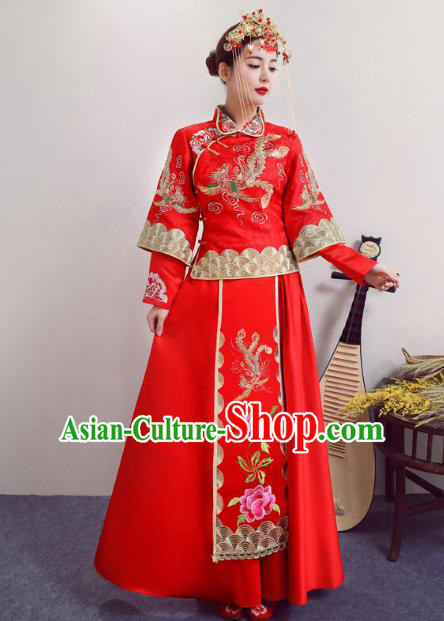Chinese Ancient Wedding Costumes Bride Red Formal Dresses Embroidered XiuHe Suit for Women