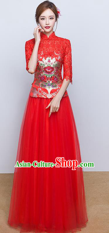 Chinese Ancient Wedding Costumes Bride Red Lace Formal Dresses Embroidered Slim XiuHe Suit for Women