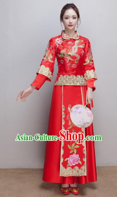Chinese Ancient Wedding Costumes Bride Formal Dresses Embroidered Phoenix Peony Slim Red XiuHe Suit for Women