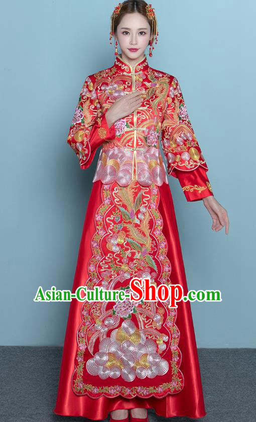 Chinese Ancient Wedding Costumes Bride Red Formal Dresses Embroidered Peony Toast Qipao XiuHe Suit for Women