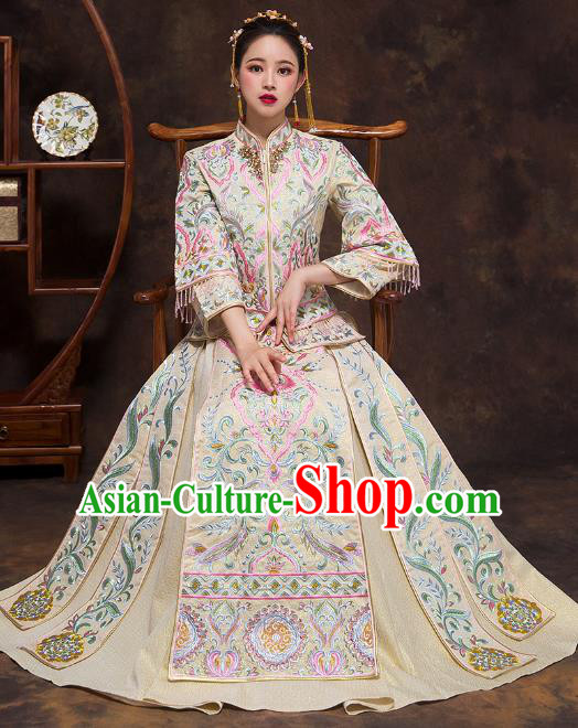 Chinese Ancient Wedding Costumes Bride White Formal Dresses Embroidered Bottom Drawer XiuHe Suit for Women