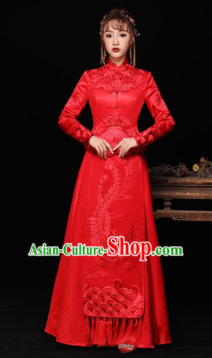 Chinese Ancient Wedding Costumes Bride Red Formal Dresses Embroidered Slim Longfenggua XiuHe Suit for Women