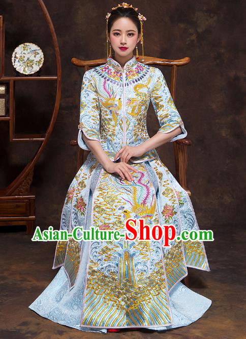 Chinese Ancient Wedding Costumes Bride Formal Dresses Embroidered Blue Bottom Drawer XiuHe Suit for Women