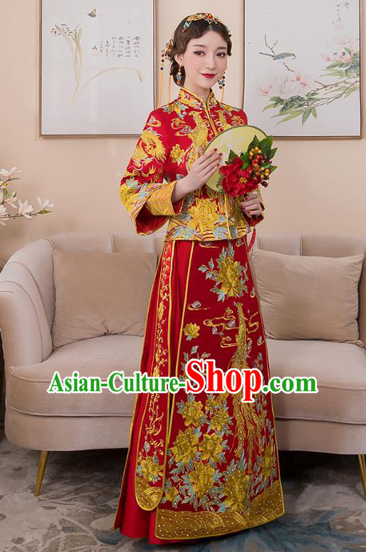 Chinese Ancient Bride Formal Dresses Wedding Costume Embroidered Phoenix Peony Longfenggua XiuHe Suit for Women