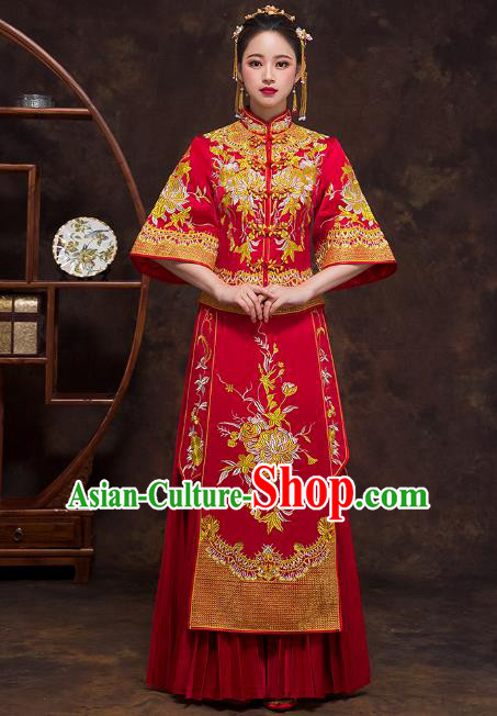 Chinese Ancient Wedding Costumes Bride Formal Dresses Embroidered Chrysanthemum Bottom Drawer Red XiuHe Suit for Women