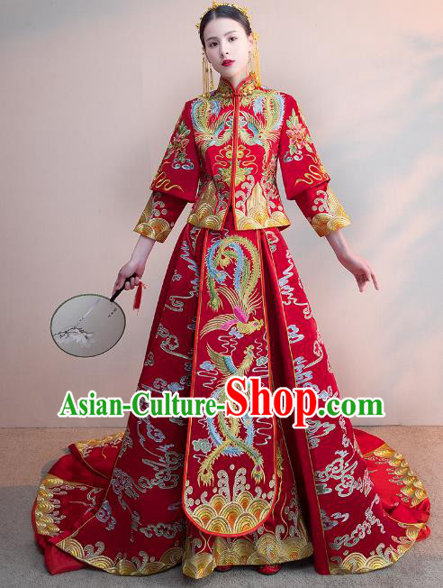 Chinese Ancient Wedding Costumes Bride Formal Dresses Embroidered Phoenix Bottom Drawer Trailing XiuHe Suit for Women