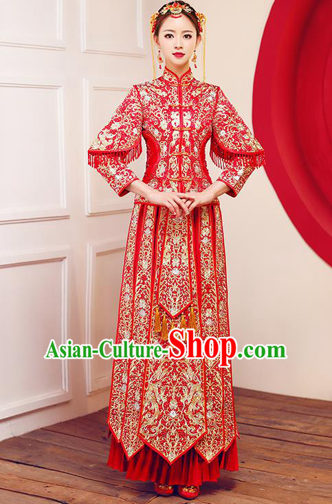 Top Grade Chinese Traditional Wedding Dress Ancient Bride Embroidered Diamante XiuHe Suit for Women