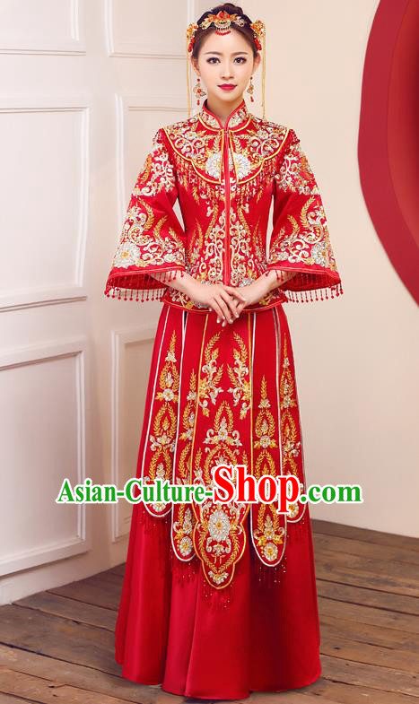 Top Grade Chinese Traditional Wedding Dress Ancient Bride Embroidered Diamante Red XiuHe Suit for Women