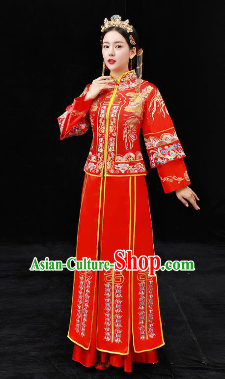 Chinese Ancient Bride Formal Dresses Xiuhe Suit Wedding Costume Embroidered Peony Red Cheongsam for Women