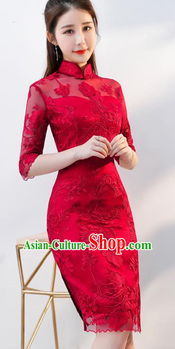 Top Grade Chinese Traditional Wedding Dress Ancient Bride Embroidered Red Lace Cheongsam for Women