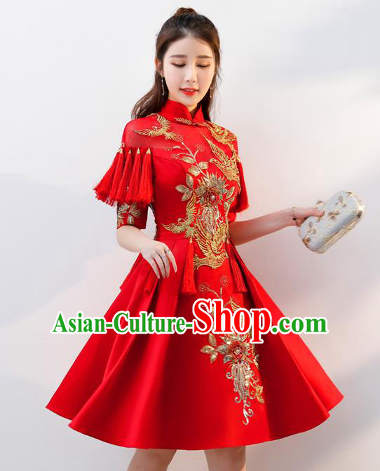 Top Grade Chinese Traditional Red Wedding Dress Ancient Bride Embroidered Cheongsam for Women