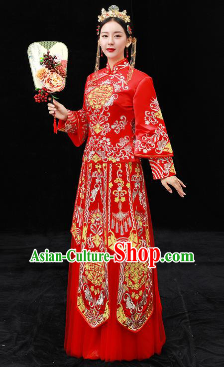 Chinese Ancient Bride Formal Dresses Xiuhe Suit Wedding Costume Embroidered Red Cheongsam for Women