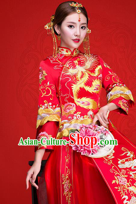 Top Grade Chinese Traditional Wedding Dress Red XiuHe Suit Ancient Bride Embroidered Phoenix Cheongsam for Women