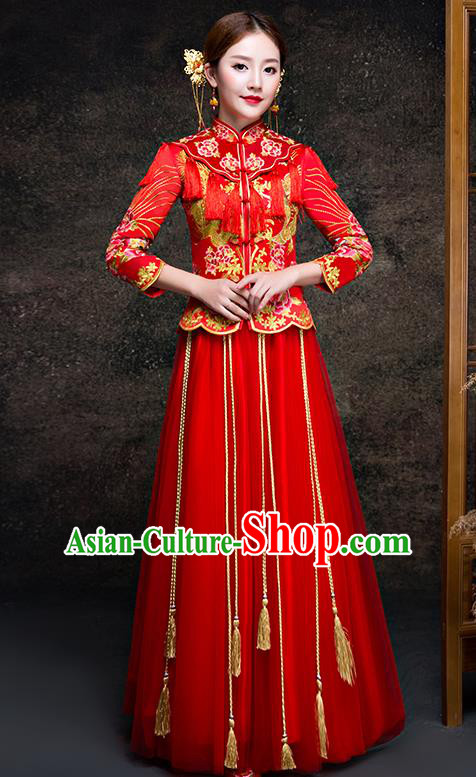 Top Grade Chinese Traditional Wedding Dress Red XiuHe Suit Ancient Bride Embroidered Peony Cheongsam for Women