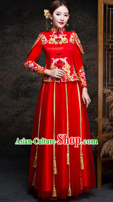 Top Grade Chinese Traditional Wedding Dress Red XiuHe Suit Ancient Bride Embroidered Cheongsam for Women