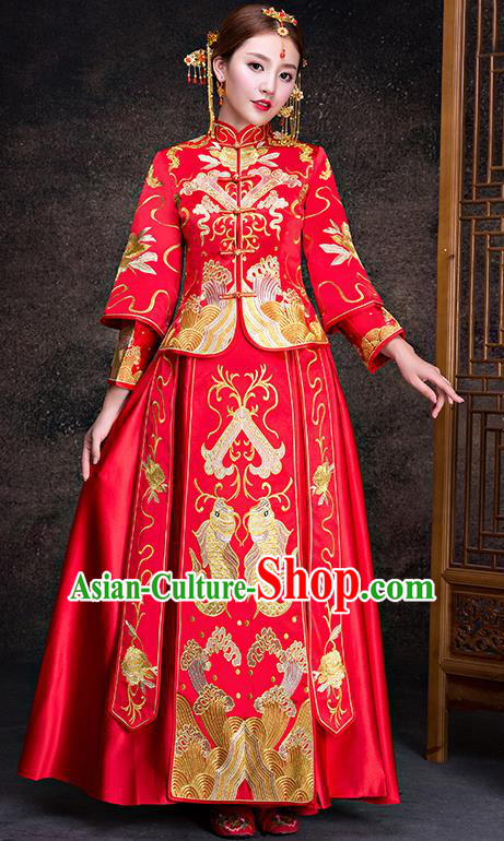 Top Grade Chinese Traditional Red Wedding Dress XiuHe Suit Ancient Bride Embroidered Fishes Cheongsam for Women