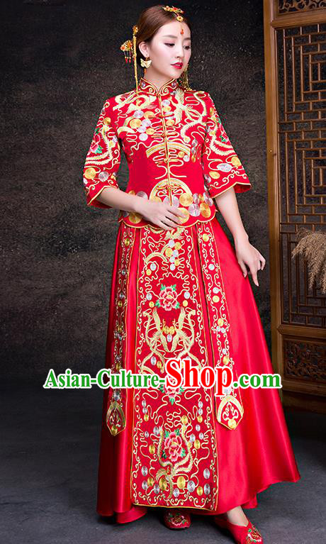 Chinese Traditional Wedding Dress Red XiuHe Suit Ancient Bride Embroidered Peony Cheongsam for Women