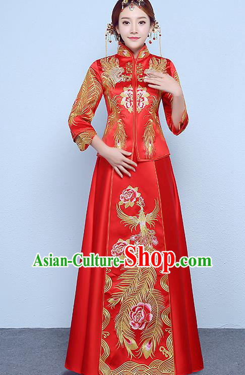 Chinese Traditional Wedding Dress Embroidered Peony Red XiuHe Suit Ancient Bride Cheongsam for Women