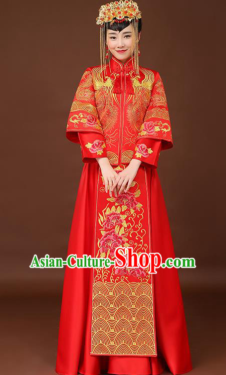 Chinese Traditional Wedding Dress Embroidered Phoenix Peony Red XiuHe Suit Ancient Bride Cheongsam for Women