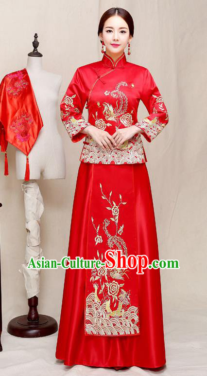 Chinese Traditional Embroidered Wedding Dress Red XiuHe Suit Ancient Bride Cheongsam for Women
