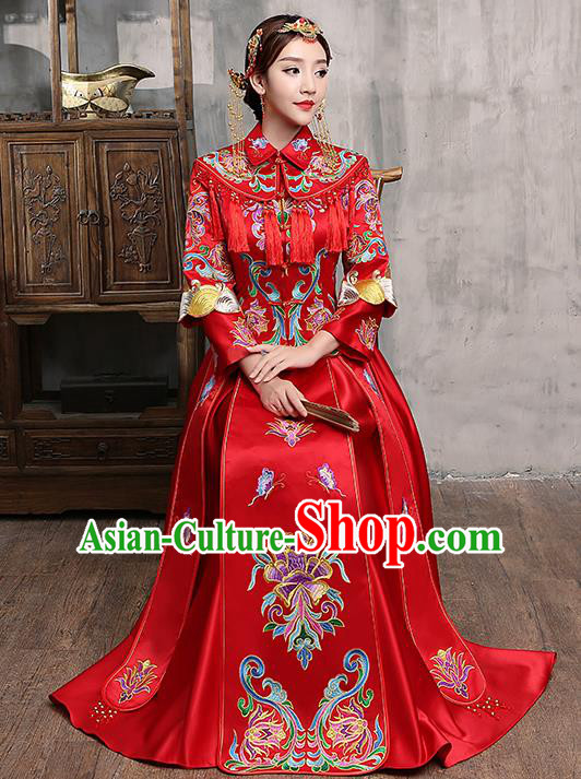 Chinese Traditional Embroidered Wedding Dress Red XiuHe Suit Ancient Bride Toast Cheongsam for Women