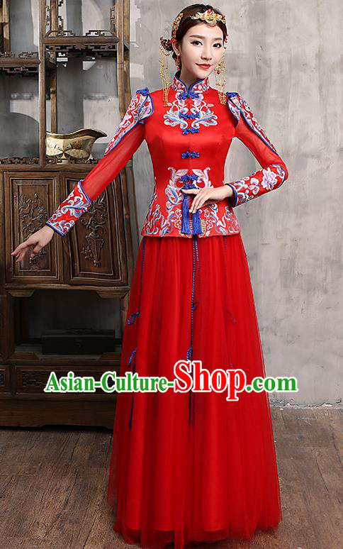 Chinese Traditional Wedding Dress Red XiuHe Suit Ancient Bride Embroidered Toast Cheongsam for Women